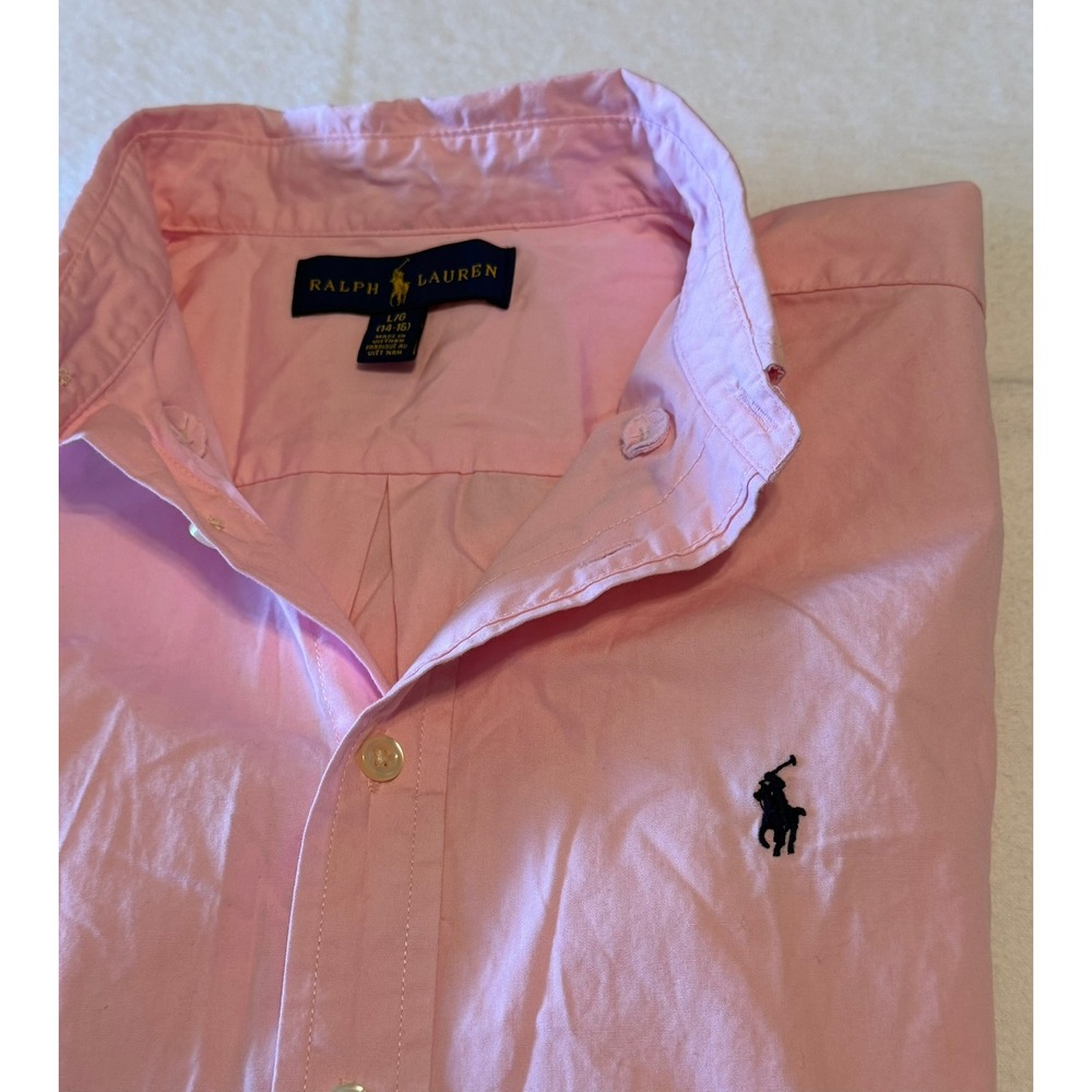 Ralph Lauren Kids Pink Short Sleeve Button Down Shirt Cotton Pony Logo L 14-16 - Picture 3 of 6